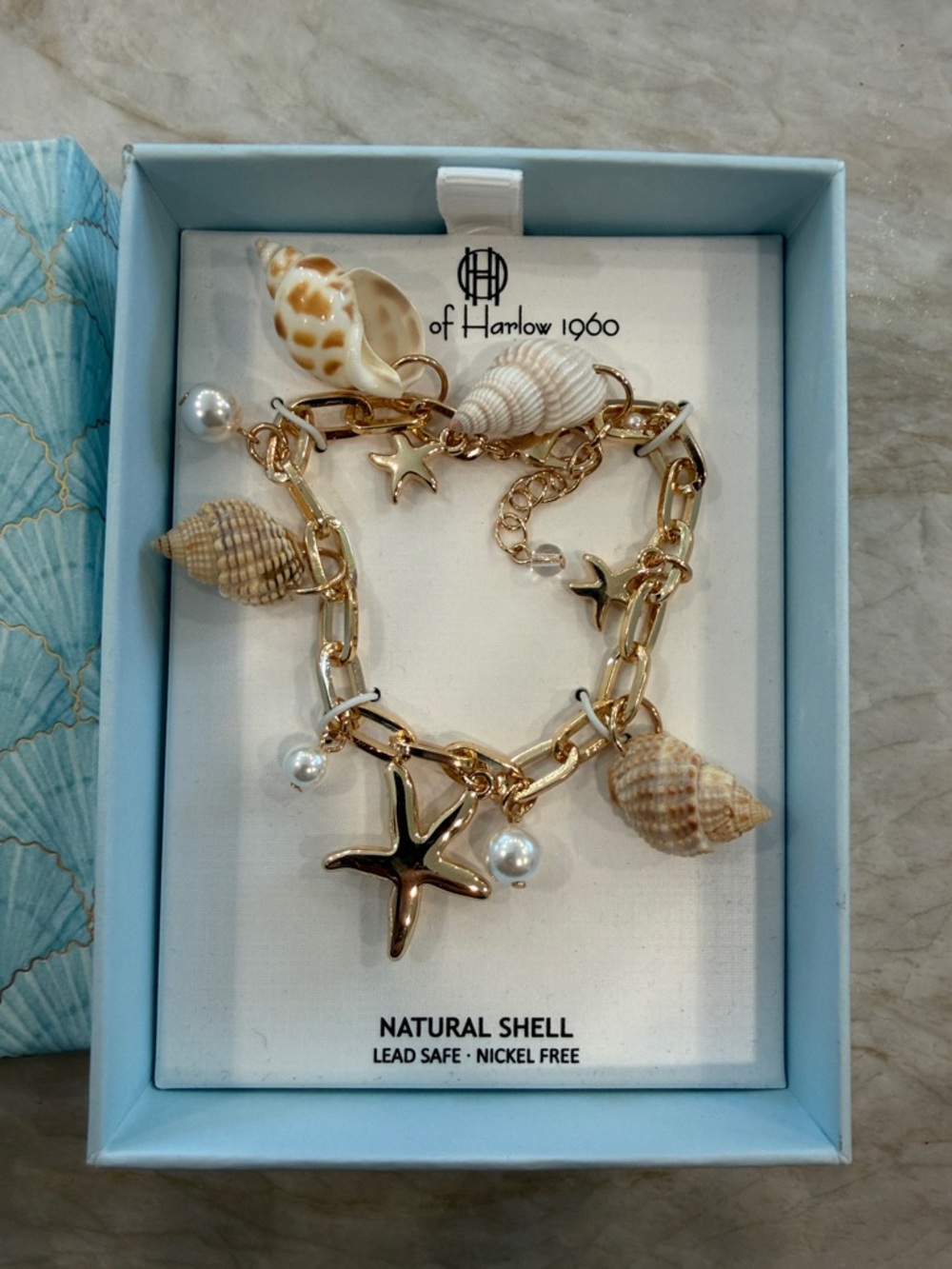 House of Harlow 1960 Gold Shell & Pearl Charm Bracelet